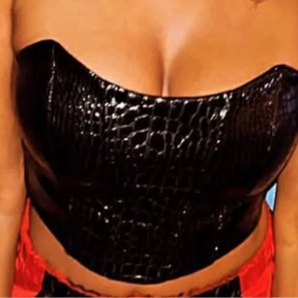 Strapless Black Croc-Embossed Satin Bustier Top - Picture 3 of 3